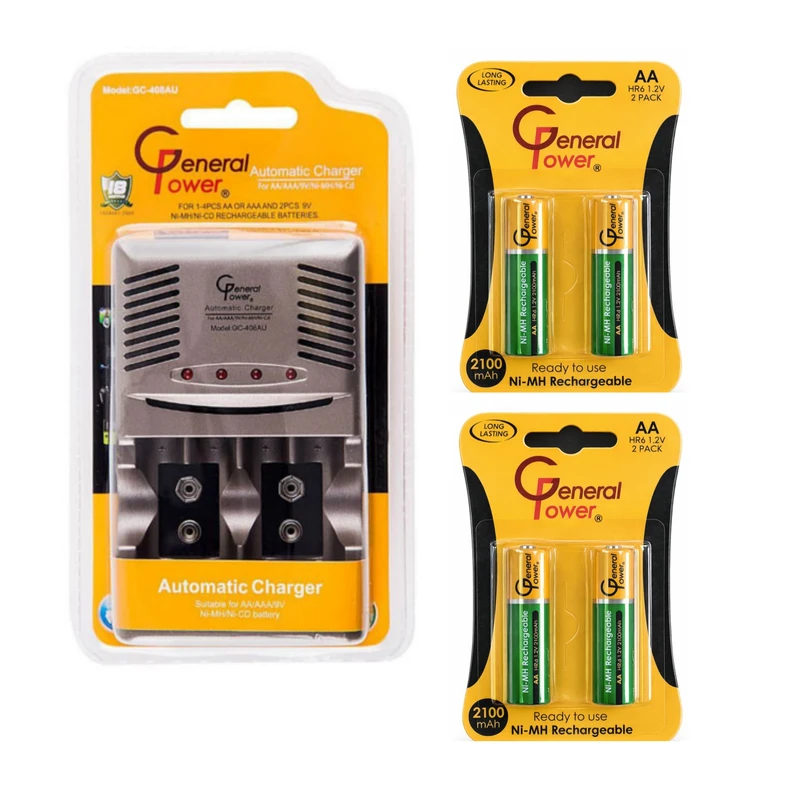 شارژر باتری جنرال پاور مدل GC-408au به همراه باتری قلمی قابل شارژ بسته ۴ عددی