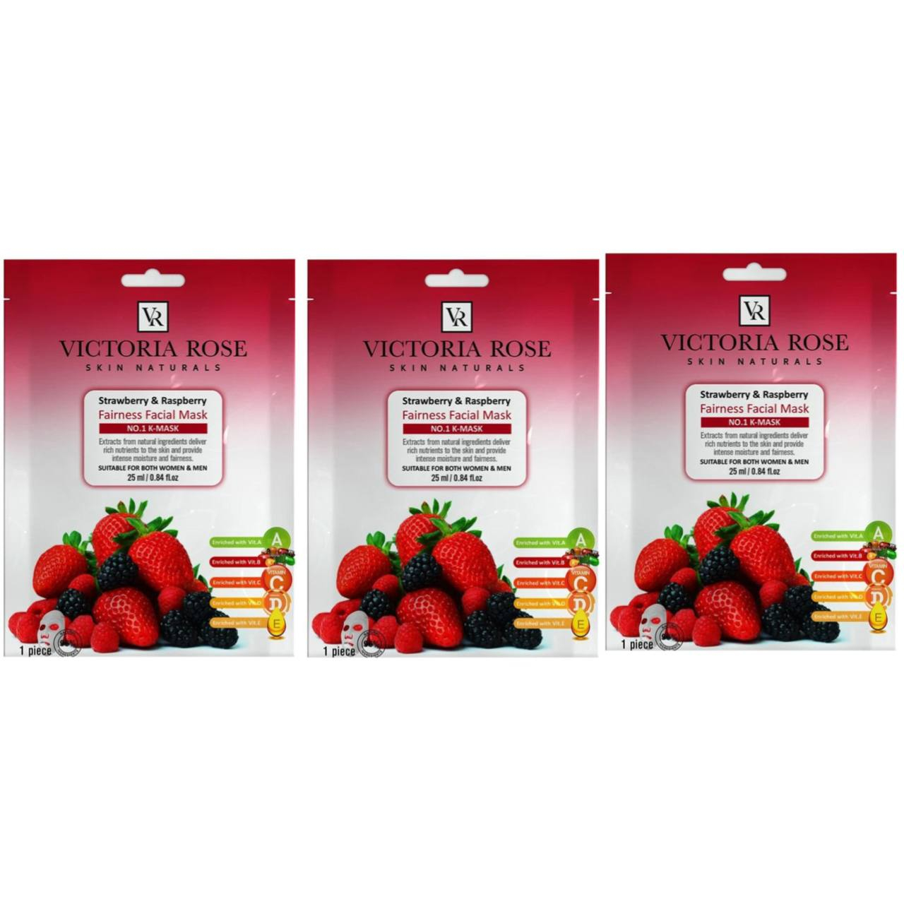 ماسک صورت ویکتوریا رز مدل عصاره توت فرنگی و تمشک حجم 25 میلی لیتر بسته 3 عددی