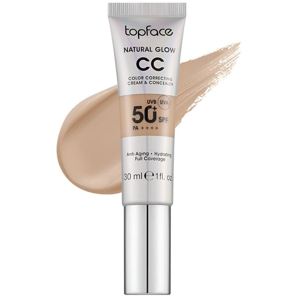 کرم پودر CC مایع +SPF50 تاپ فیس مدل NATURAL GLOW شماره 002 مناسب برای انواع پوست حجم 30 میلی لیتر