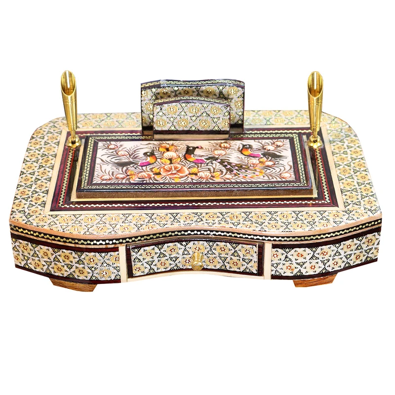 قلمدان خاتم کاری چوبی صنایع دستی فاخر مدل مدیریتی طرح گل و مرغ برجسته کد Br24p16-1f2
