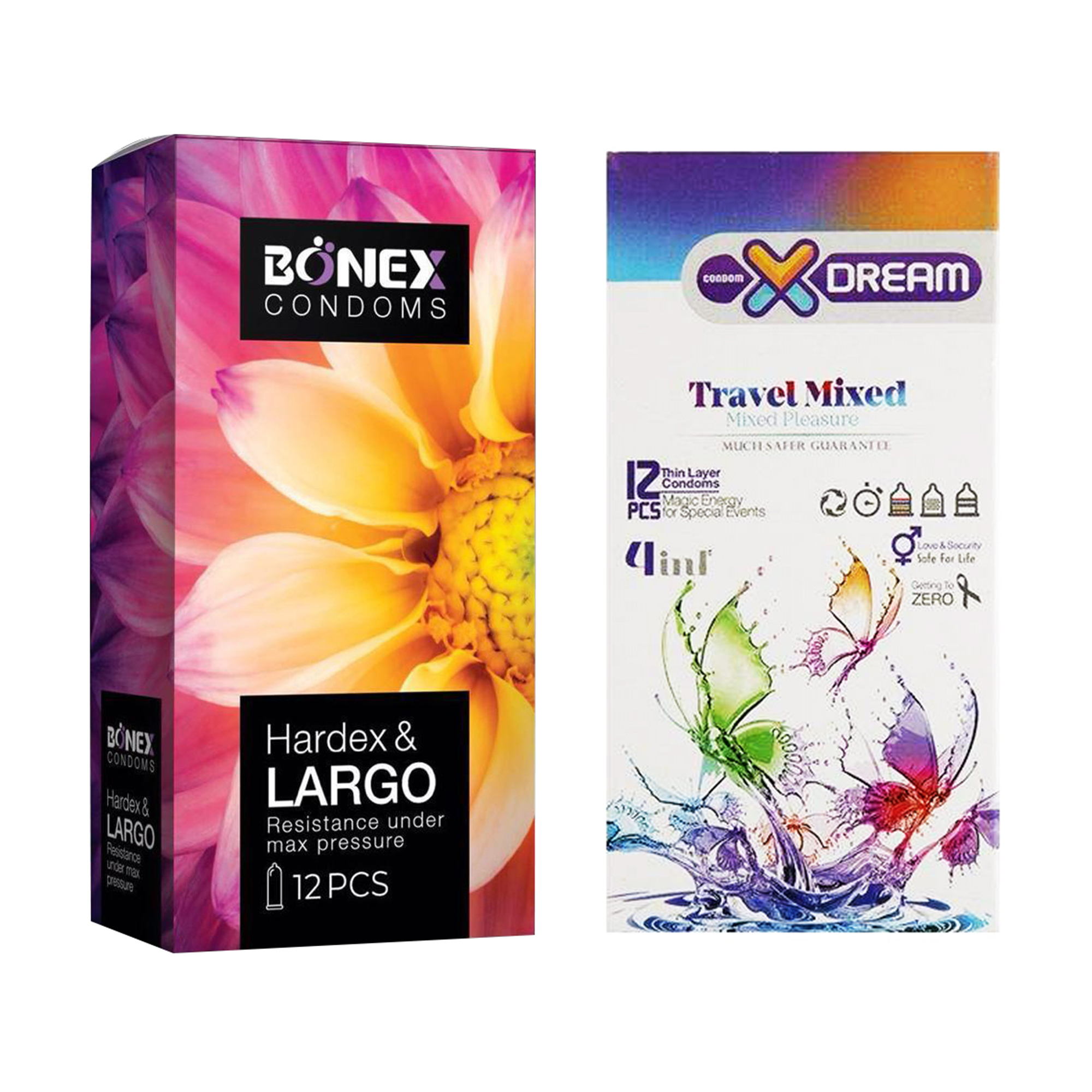 کاندوم بونکس مدل Hardex & Largo بسته 12 عددی به همراه کاندوم ایکس دریم مدل Travel Mixed بسته 12 عددی