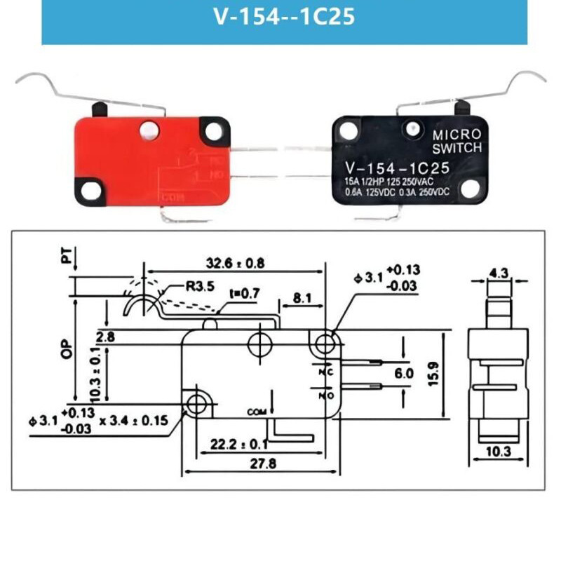 میکرو سوئیچ اهرم دار مدل V-154-1C25.15A بسته 2 عددی