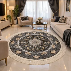 فرش ماشینی 700 شانه زمینه دودی حاشیه دودی مدل دایره طرح زرین طلاکوب 