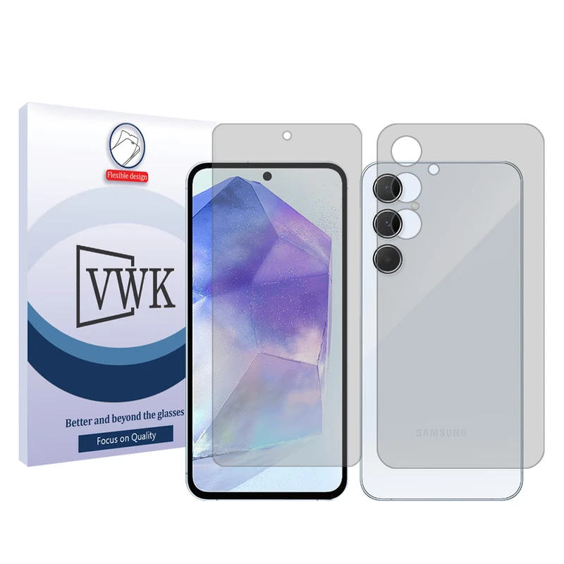 محافظ صفحه نمایش شفاف وی دبلیو کی مدل Tough مناسب برای گوشی موبایل سامسونگ Galaxy A55 5G به همراه محافظ پشت گوشی