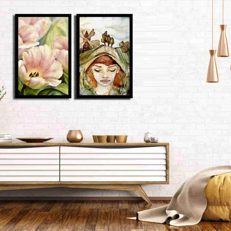 تابلو بکلیت طرح نقاشی و دختر مو حنایی مدل دکوراتیو B-227 مجموعه 2 عددی