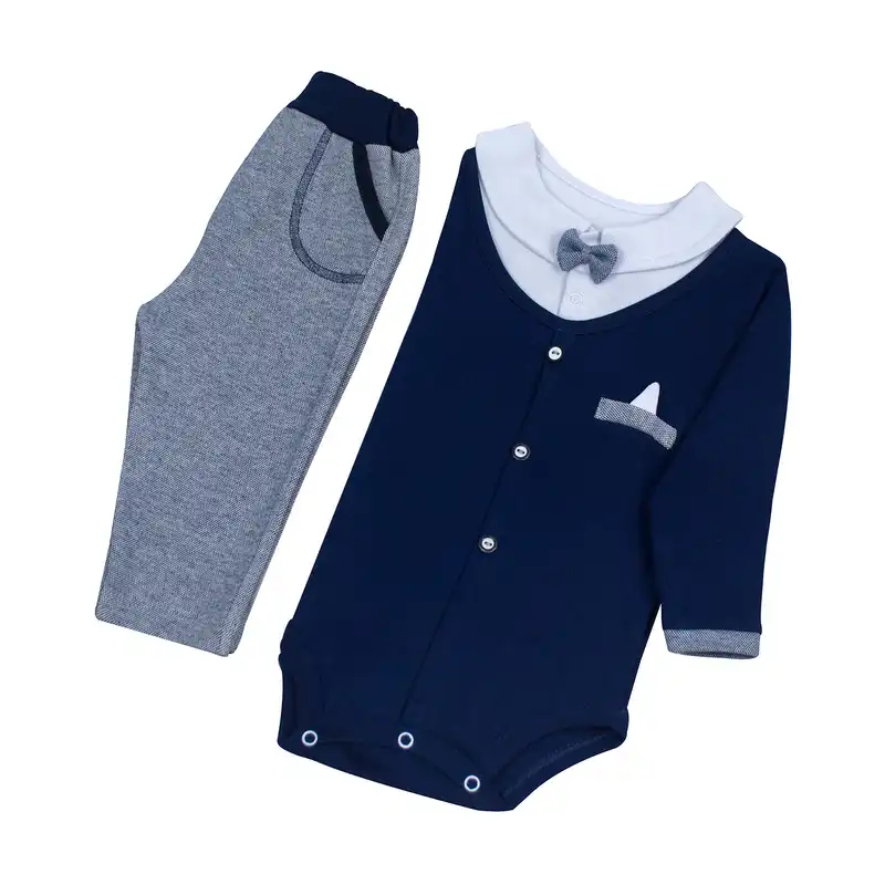 ست بادی آستین بلند و شلوار نوزادی سپیدپوش مدل پاپیون کد 50115