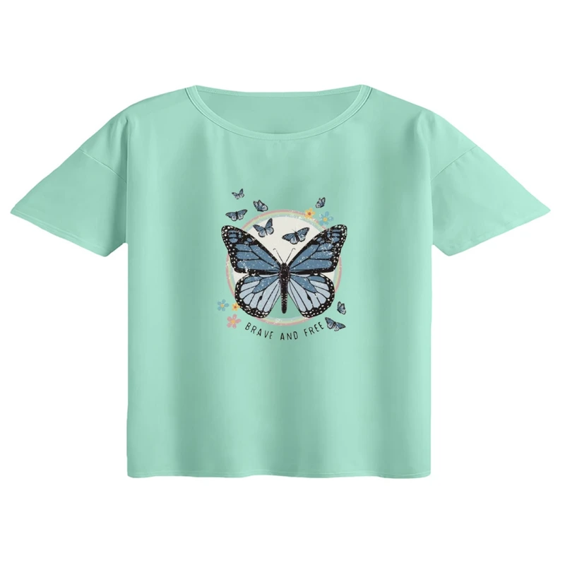 کراپ تی‌شرت آستین کوتاه زنانه مدل پروانه کد 03