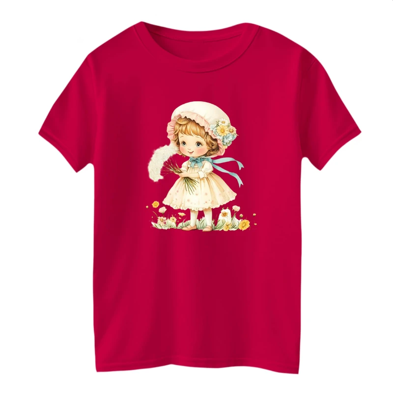 تی شرت آستین کوتاه بچگانه مدل دخترک و گل رنگ سرخابی