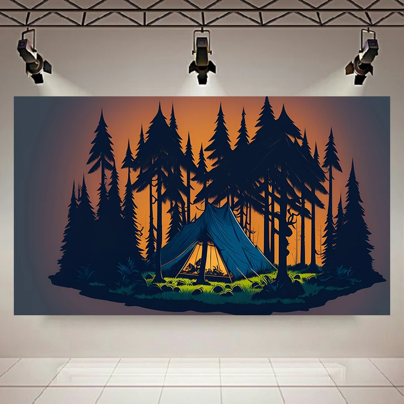 تابلو بوم طرح مینیمال درختان و چادر مدل camping tent کد AR31274