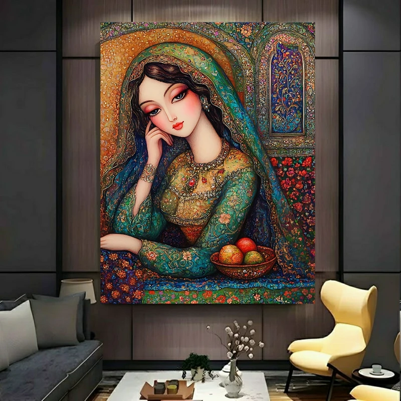 تابلو بوم طرح مخمل  پرتره هنری مدل زن با لباس سنتی ایرانی (3) کد BK27202