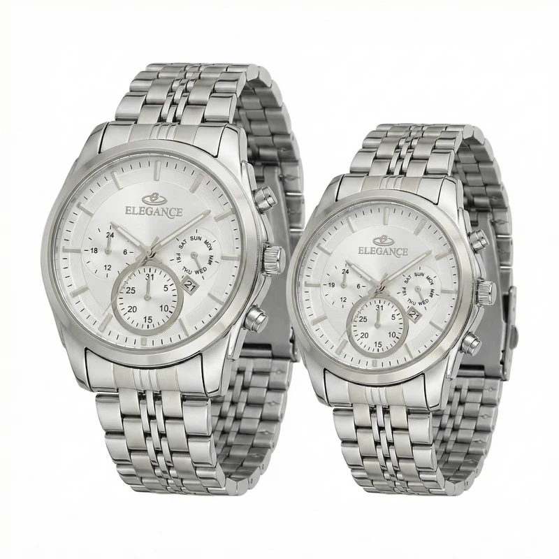 ست ساعت مچی عقربه‌ای کوارتز زنانه و مردانه الگانس مدل تک‌ موتوره تاریخ شمار قفل کلیپسی کد EG003