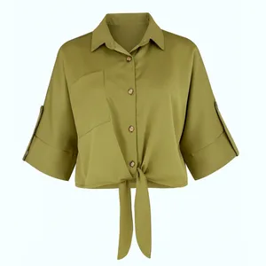 کراپ شومیز آستین سه ربع یقه برگردان زنانه مدل گرهیP1125