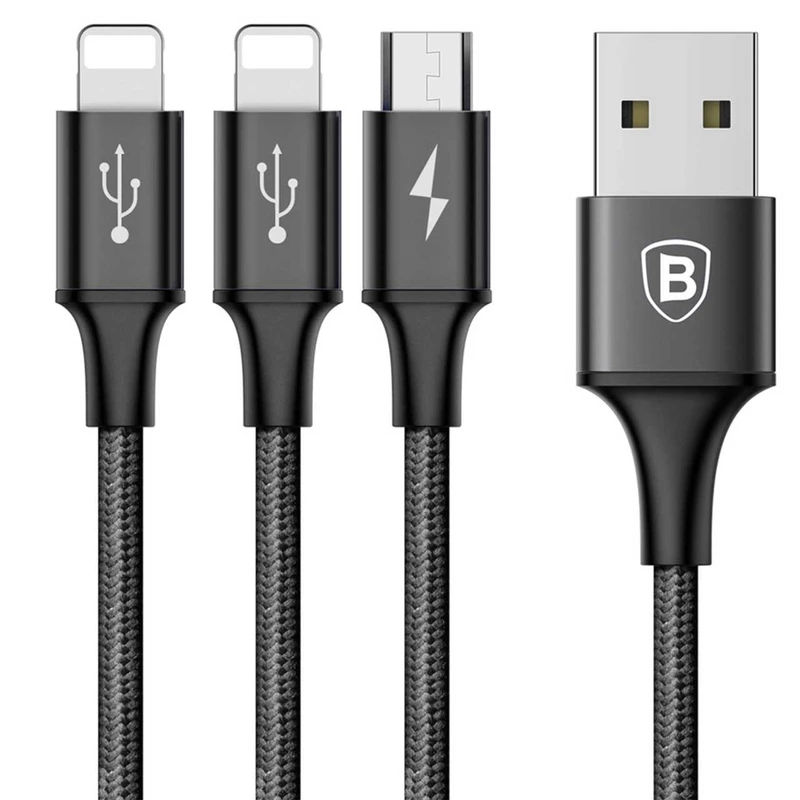 کابل تبدیل USB به microUSB و 2 کانکتور لایتنینگ باسئوس مدل Rapid طول 1.2 متر