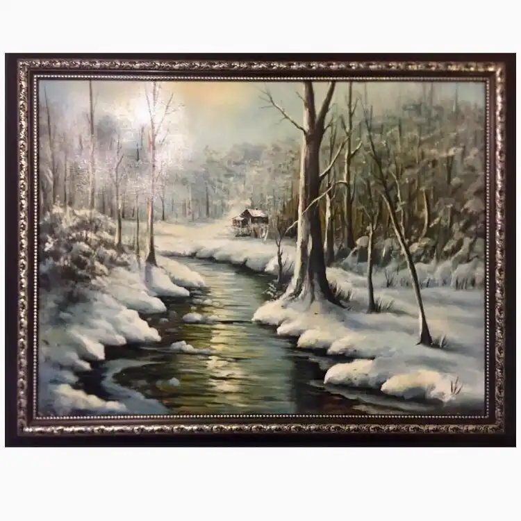 تابلو نقاشی رنگ روغن طرح جنگل در زمستان