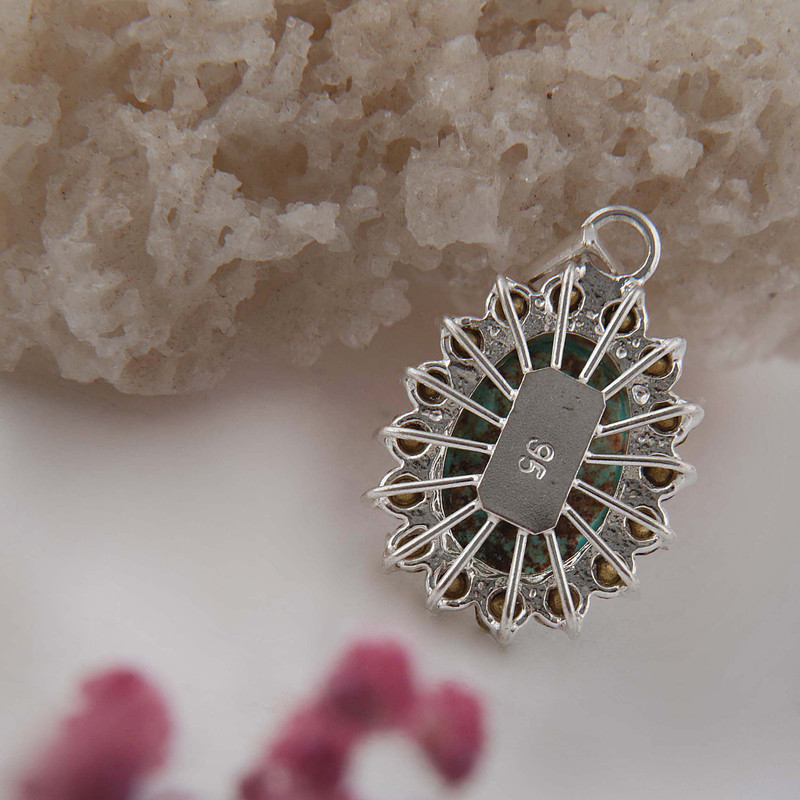 آویز گردنبند نقره زنانه بازرگانی میلادی مدل سنگ فیروزه طبیعی نگین برلیان کد PKR_318