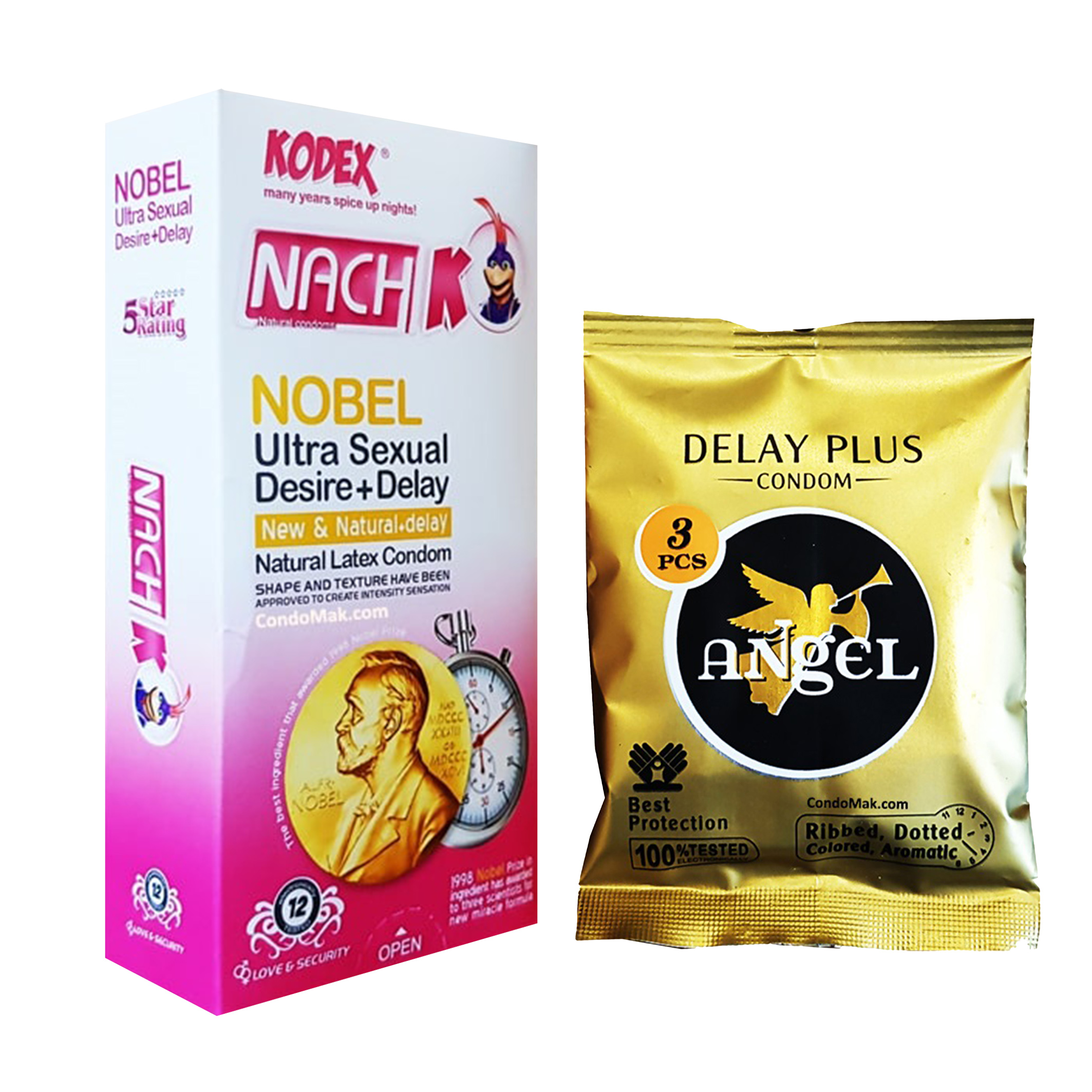 کاندوم ناچ کدکس مدل NOBEL بسته 12 عددی به همراه کاندوم انجل مدل DELAY PLUS بسته 3 عددی