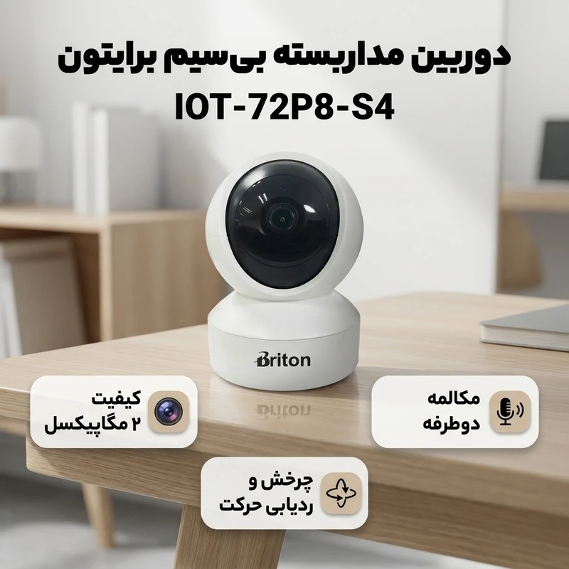 عکس شماره 2 : دوربین مداربسته بی سیم برایتون مدل iot-72p8-s4 با کیفیت 2 مگاپیکسل، قابلیت چرخش و ردیابی حرکت، مکالمه دوطرفه، هشدار صدای گریه کودک، برد ir تا 10 متر و پشتیبانی از کارت حافظه میکرو اس دی تا 256 گیگابایت