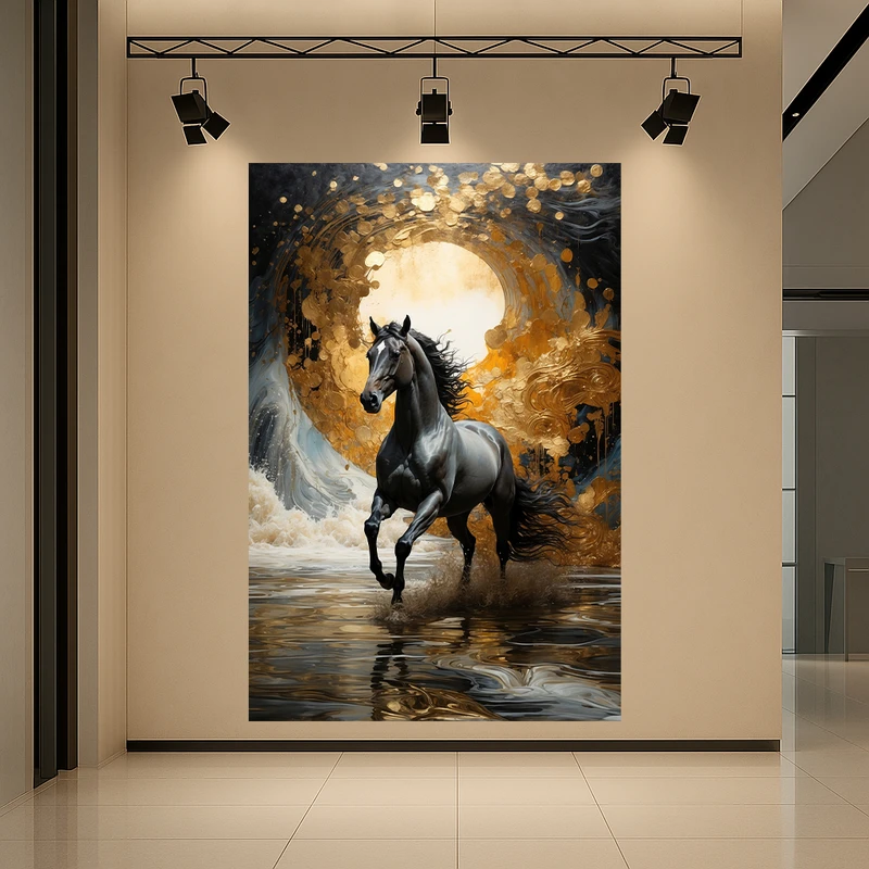 تابلو بوم طرح مخمل نقاشی اسب و نور مدل باشکوه کد AR3060139
