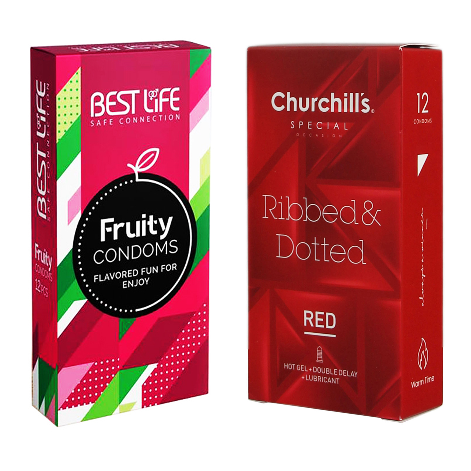 کاندوم چرچیلز مدل Ribbed & Dotted Red بسته 12 عددی به همراه کاندوم بست لایف مدل Fruity بسته 12 عددی