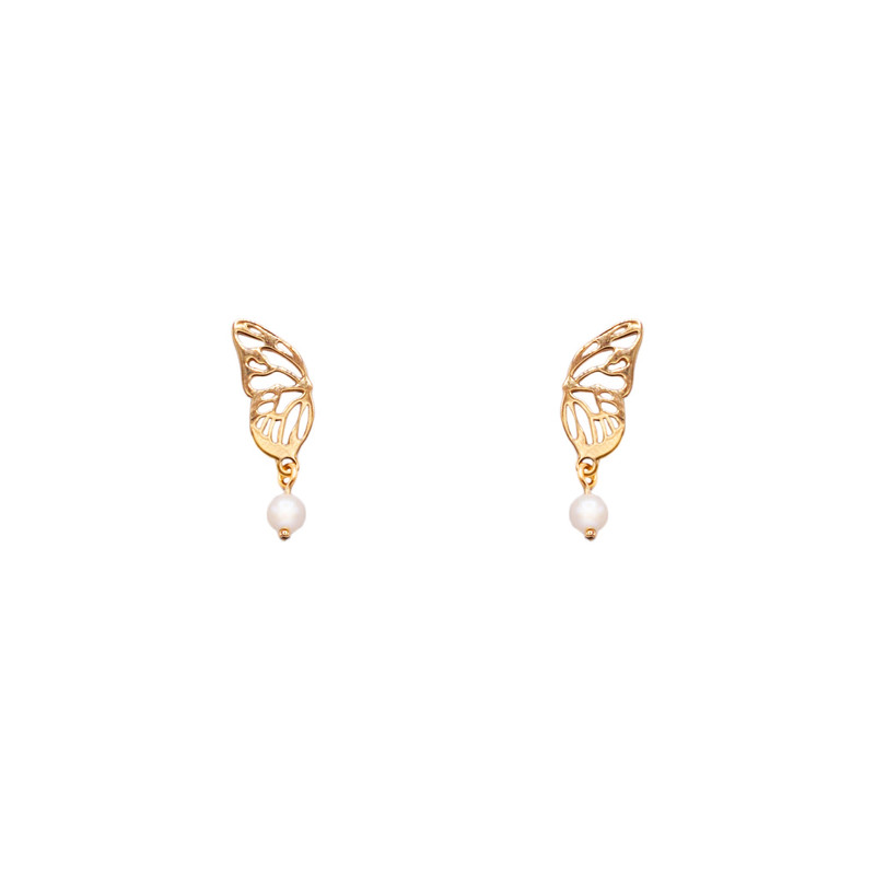 گوشواره میخی طلا 18 عیار زنانه الی گالری مدل بال پروانه و مروارید