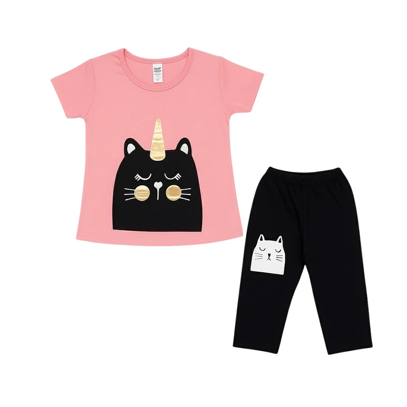 ست تی شرت آستین کوتاه و شلوار راحتی دخترانه مدل گربه تک شاخ