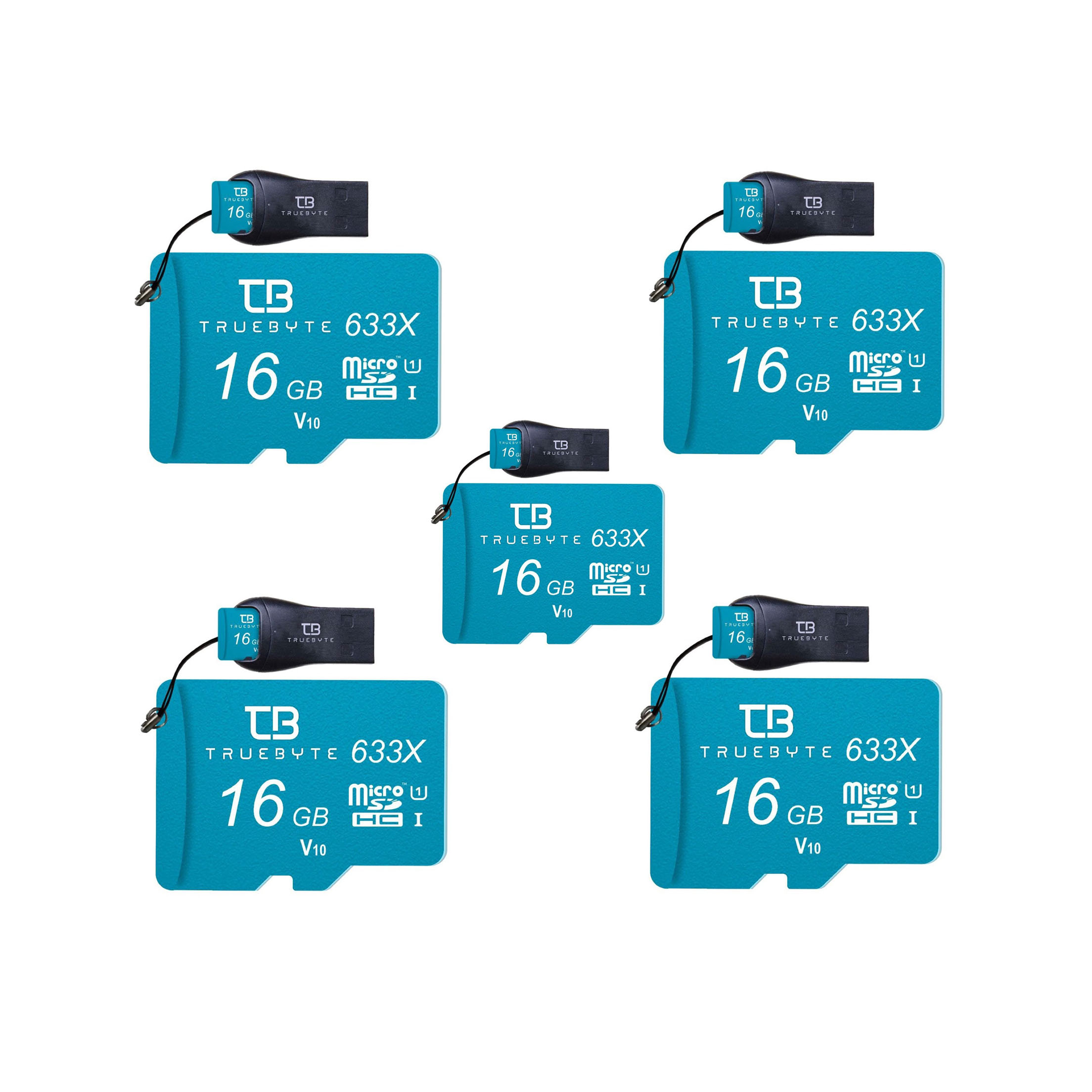 کارت حافظه microSD HC تروبایت مدل 633X-V10 کلاس 10 استاندارد UHS-I U1 سرعت 95MBps ظرفیت 16گیگابایت به همراه کارت خوان بسته 5 عددی
