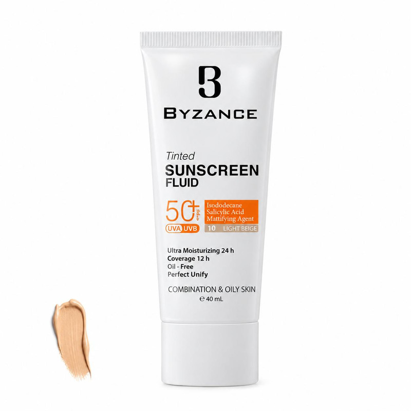 کرم ضد آفتاب رنگی صورت بیزانس SPF 50 مدل Light Beige 10 بژ روشن ‌محافظ در برابر UVA/UVB مناسب برای پوست چرب و مختلط حجم 40 میلی‌لیتر