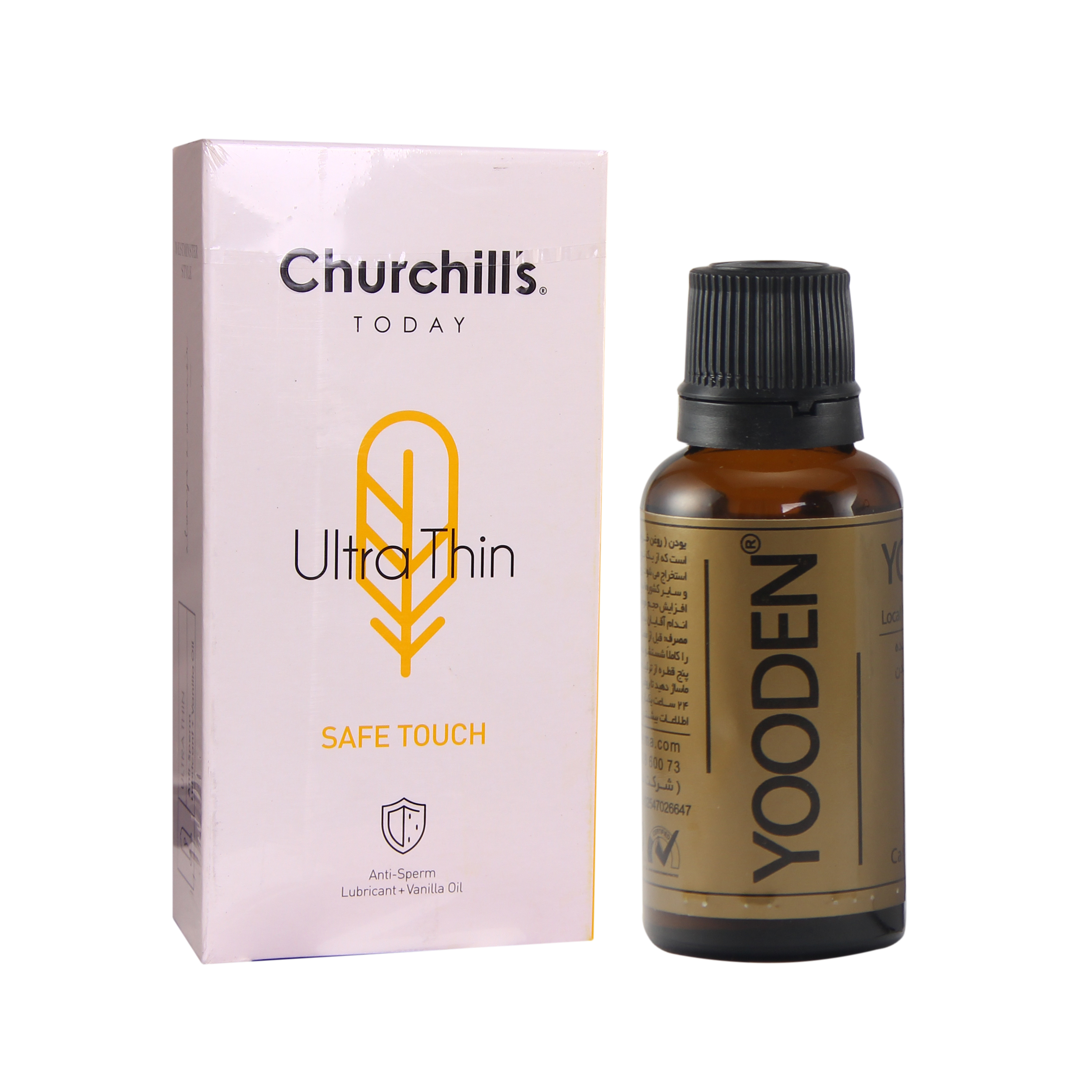 کاندوم چرچیلز مدل Ultra Thin بسته 12 عددی به همراه روغن یودن کد 01 حجم 30 میلی لیتر 