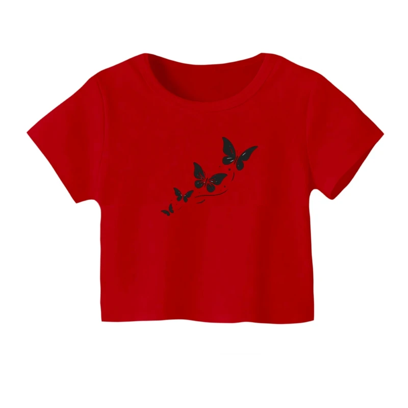 کراپ‌ تی‌شرت آستین کوتاه زنانه مدل پروانه کد 01 رنگ قرمز
