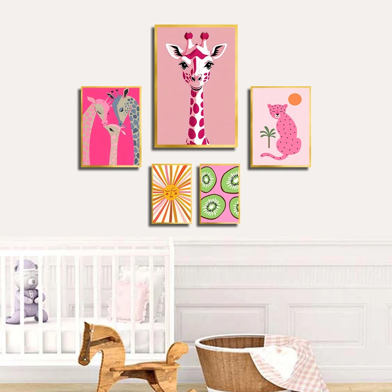 تابلو بکلیت طرح نقاشی حیوانات و کودکانه مدل T-3786 فریم طلایی مجموعه 5 عددی