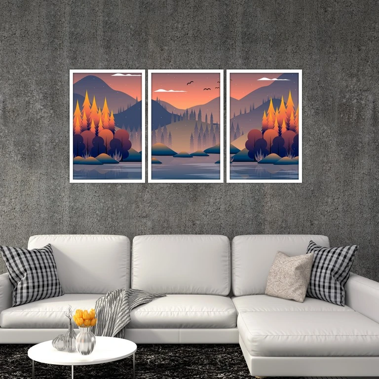 تابلو بکلیت طرح نقاشی جنگل پاییزی مدل W-S4827 مجموعه 3 عددی