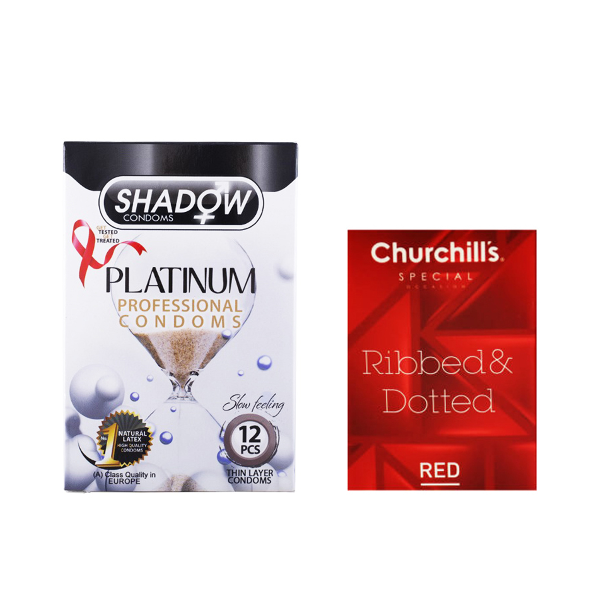 کاندوم شادو مدل Platinum بسته 12 عددی به همراه کاندوم چرچیلز مدل Hot Gel بسته 3 عددی