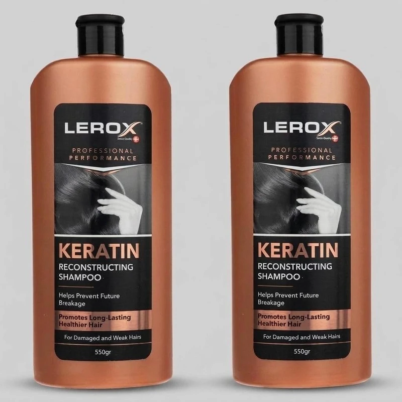 شامپو مو کراتین لروکس مدل کراتین حجم 550 میلی‌لیتر مناسب موهای شکننده و آسیب دیده، ترمیم‌کننده و تقویت‌کننده، حاوی عصاره آلوئه ورا دو بسته 550 میلی‌لیتری