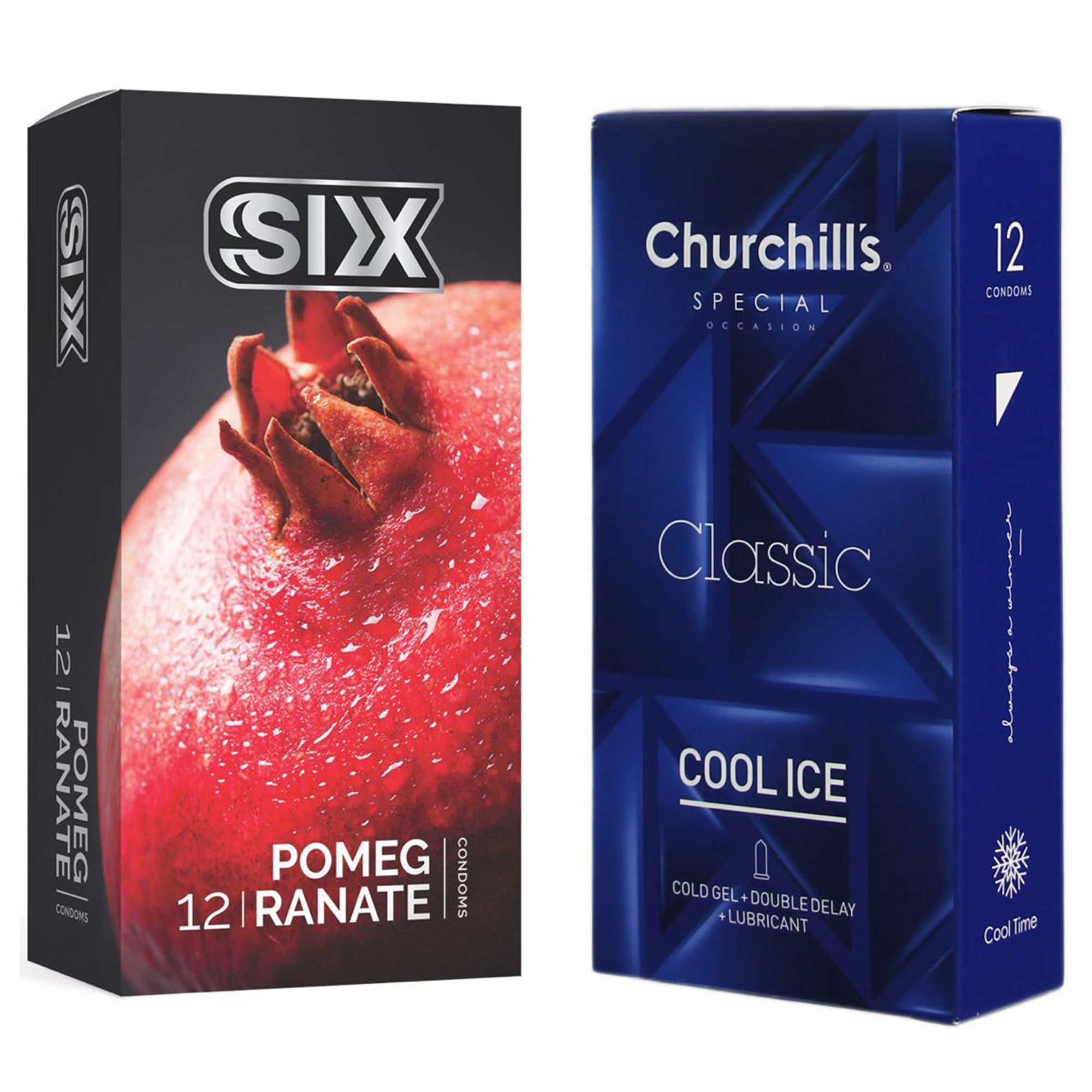 کاندوم چرچیلز مدل Cool Ice بسته 12 عددی به همراه کاندوم سیکس مدل انار بسته 12 عددی