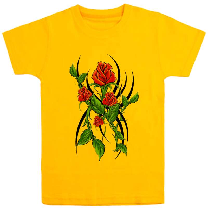 تی شرت آستین کوتاه دخترانه مدل گل رز D100 رنگ زرد