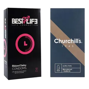 کاندوم چرچیلز مدل Ultra Thin بسته 12 عددی به همراه کاندوم بست لایف مدل Ribbed Delay بسته 12 عددی