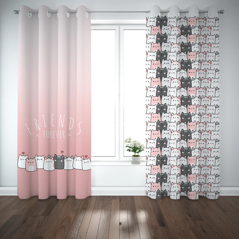 پرده مدل اتاق کودک طرح دخترانه گربه ملوس سایز 140x280 سانتی متر
