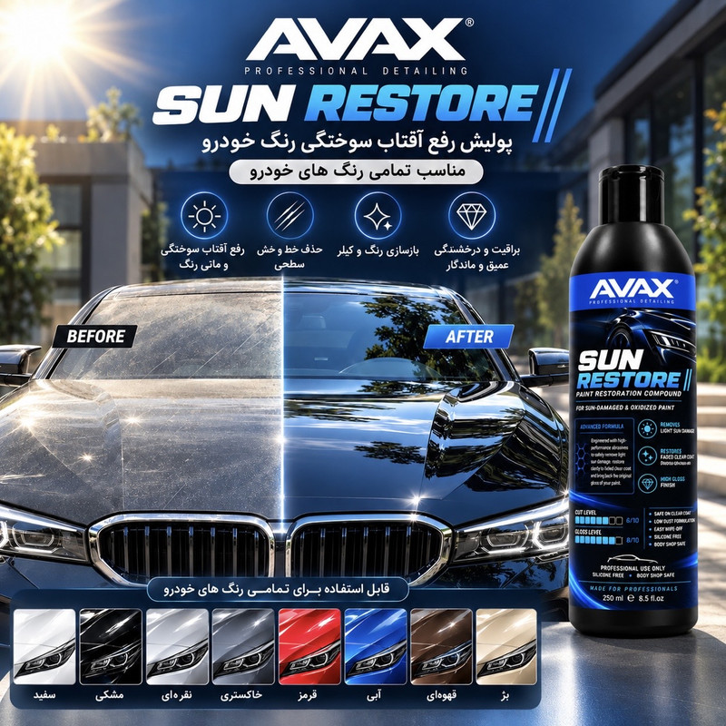 پولیش ترمیم رنگ و افتاب سوختگی بدنه خودرو اواکس مدل Sun-restore حجم 250 میلی‌لیتر
