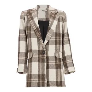 پالتو زنانه سرژه مدل 212225 کت چهارخانه کرم قهوه ای