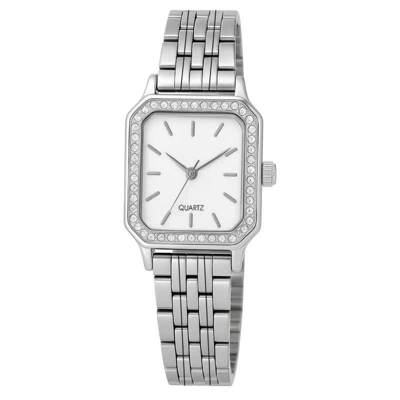 ساعت مچی عقربه‌ای کوارتز زنانه مدل لوکس کلاسیک بند طرح بافت قاب دور نگین کد ۲