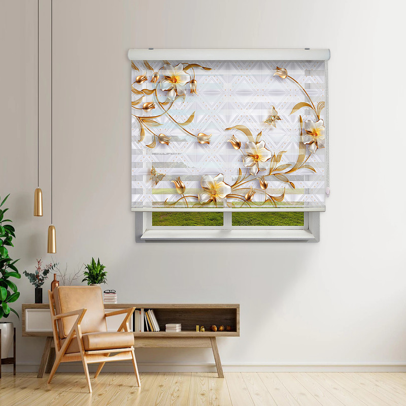 پرده زبرا مدل 3D گل و پروانه کد FLW-25 سایز 160x180 سانتی متر