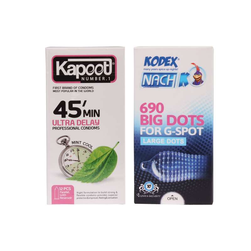 کاندوم کاپوت مدل 45min بسته 12 عددی به همراه کاندوم ناچ کدکس مدل 690 Big Dots بسته 10 عددی کاندوم کاپوت مدل 45min بسته 12 عددی به همراه کاندوم ناچ کدکس مدل 690 Big Dots بسته 10 عددی
