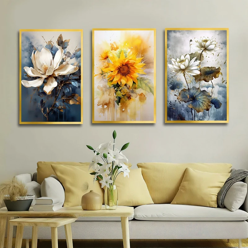 تابلو بکلیت طرح نقاشی رنگ روغن گل آفتابگردان مدل T-3066 مجموعه 3 عددی
