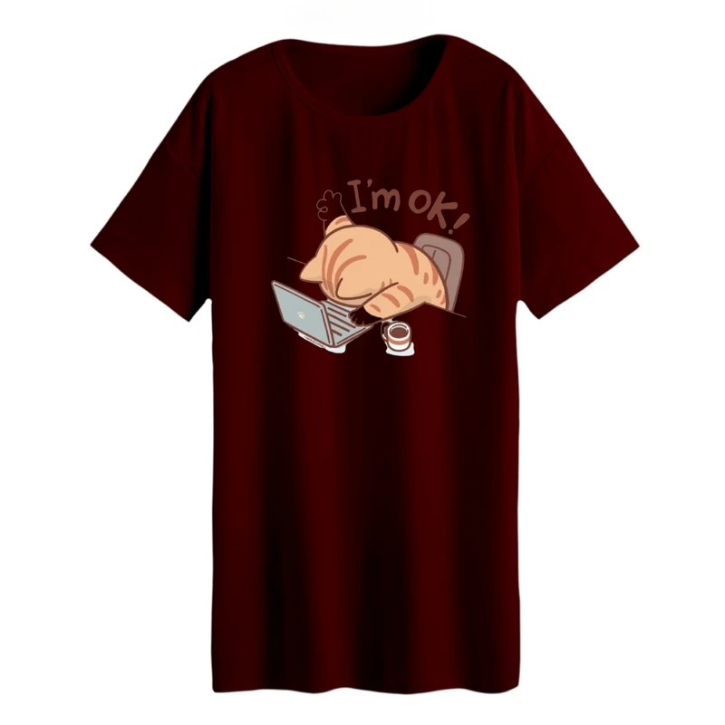 تی شرت لانگ زنانه مدل گربه و لپ تاپ