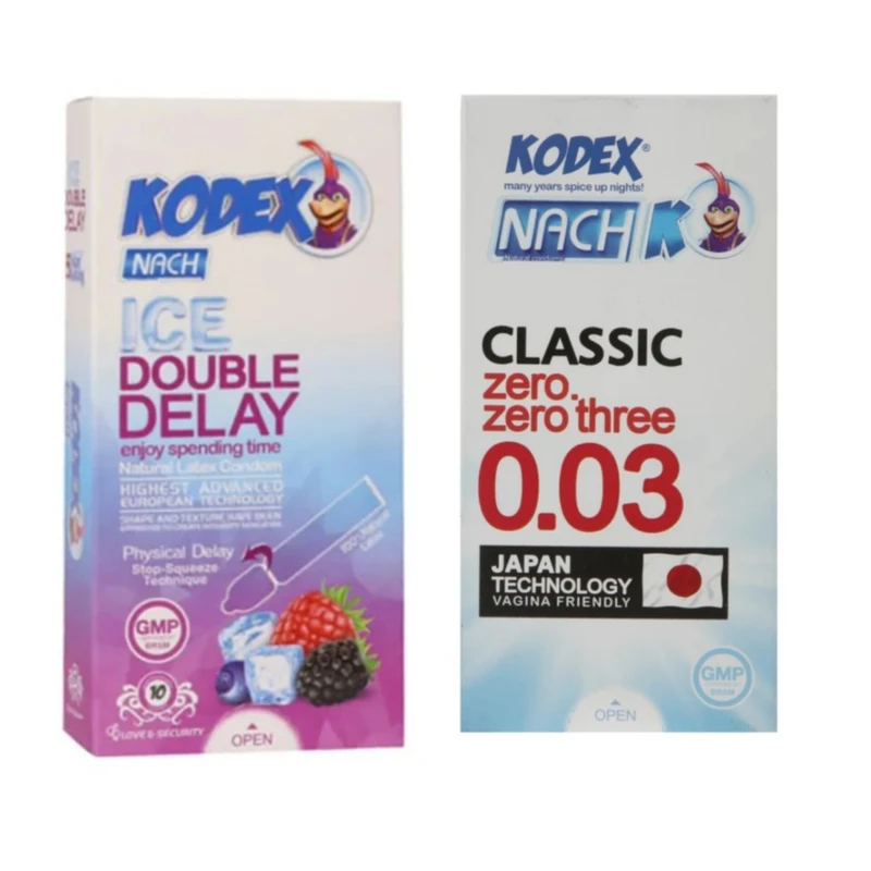 کاندوم ناچ کدکس مدل کلاسیک 0.03 بسته 10 عددی به همراه کاندوم تاخیری ناچ کدکس مدل آیس دبل دیلی بسته 10 عددی