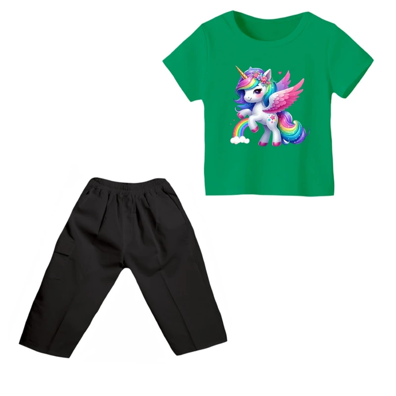 ست تی شرت و شلوارک دخترانه مدل یونیکورن کد ۴ رنگ سبز
