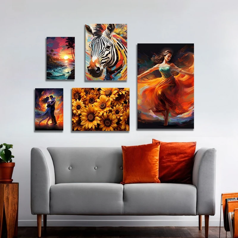 تابلو شاسی بکلیت طرح گل آفتابگردان و گورخر و رقص مدل SH-1159  مجموعه 5 عددی