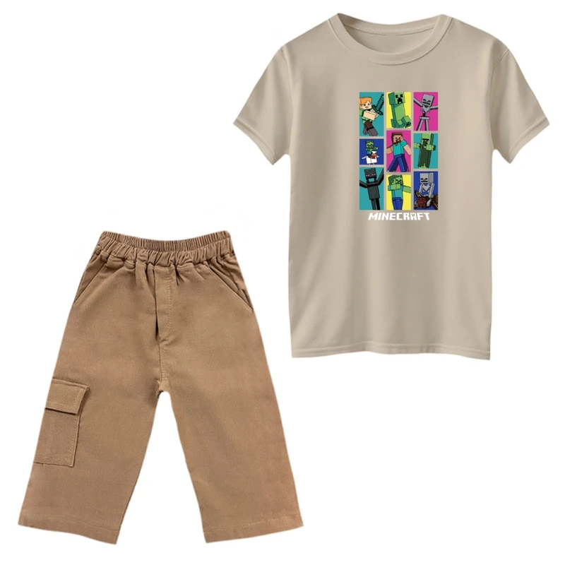 ست تی‌شرت و شلوارک پسرانه مدل ماینکرفت کد 21 رنگ کرم