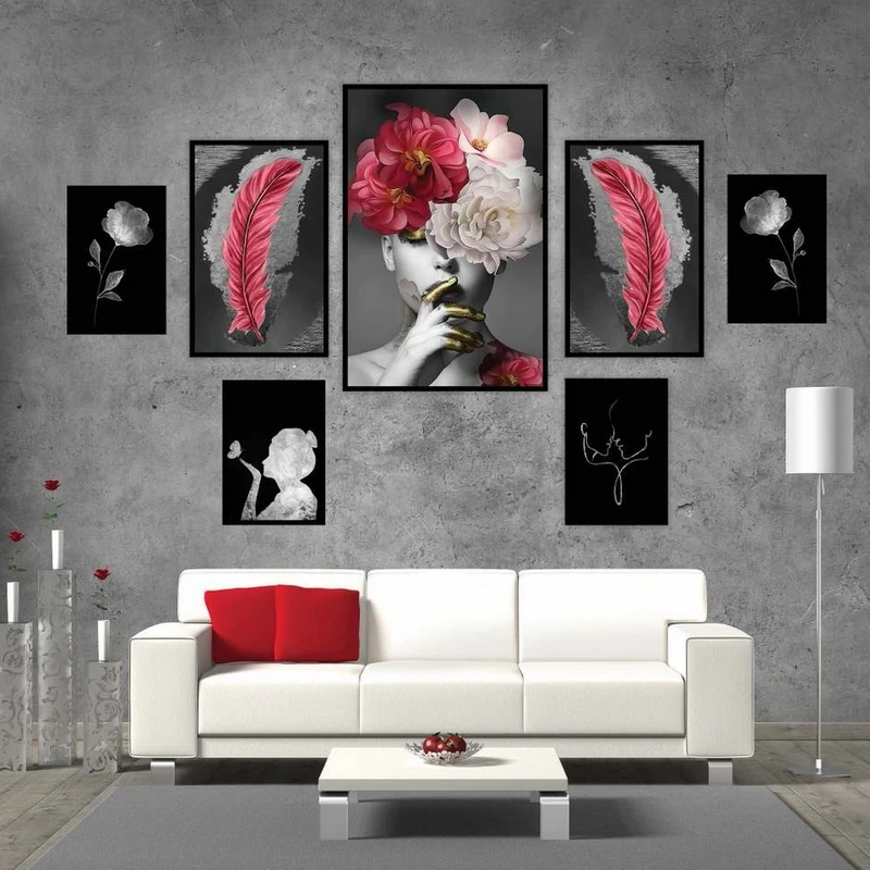 تابلو بکلیت طرح چهره و گل مدل شاین اکلیلی B-2240 فریم مشکی مجموعه 7 عددی