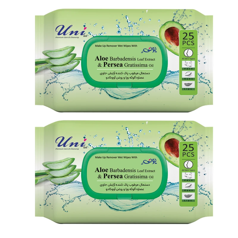 دستمال مرطوب یونی لد مدل پاک کننده آرایش آلوئه ورا و آووکادو دو بسته 25 عددی